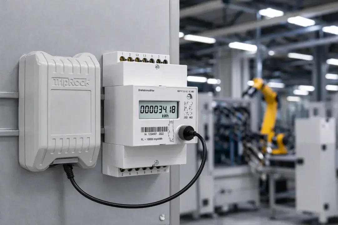 IR Energiemesser liest einen Drehstromzähler in einer Industriehalle aus