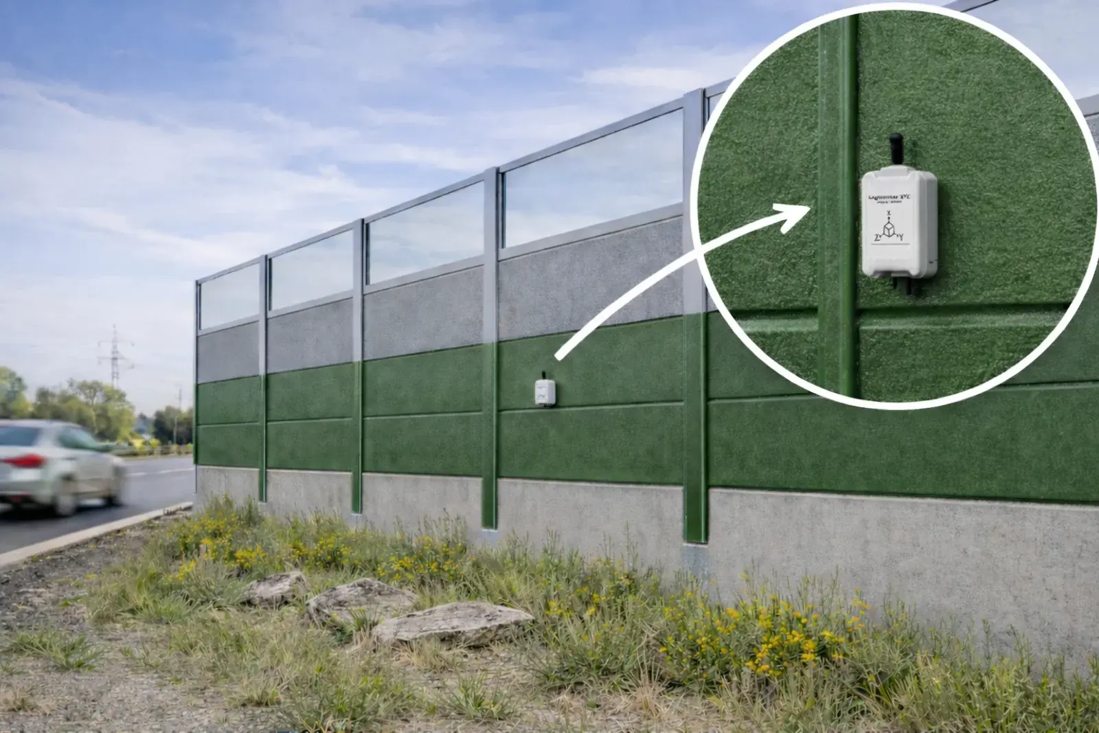 Lagesensor montiert an einer Lärmschutzwand neben einer Straße