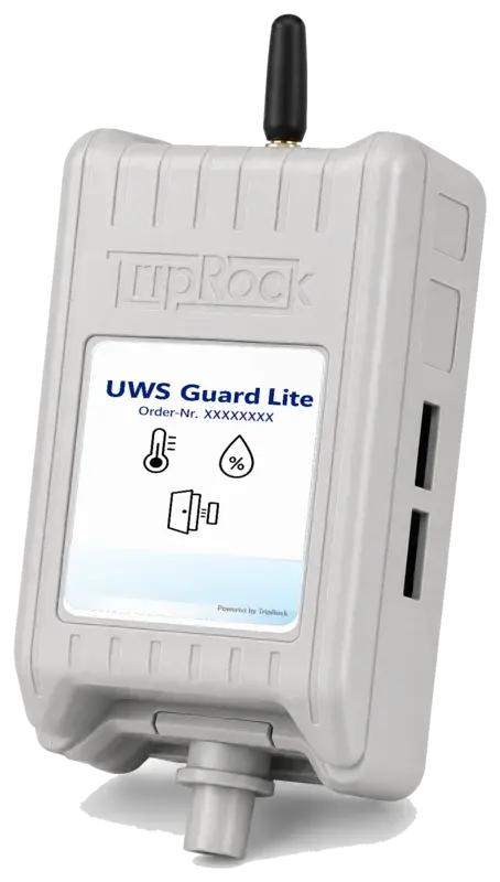 UWS Guard Lite im grauen TripRock-Funkgehäuse mit Produktlabel und Antenne
